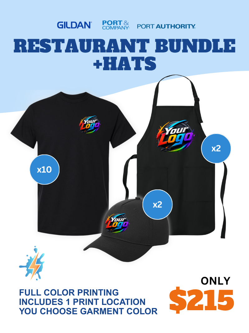 Restaurant Bundle: 10 Shirts + 2 Aprons + 2 Hats